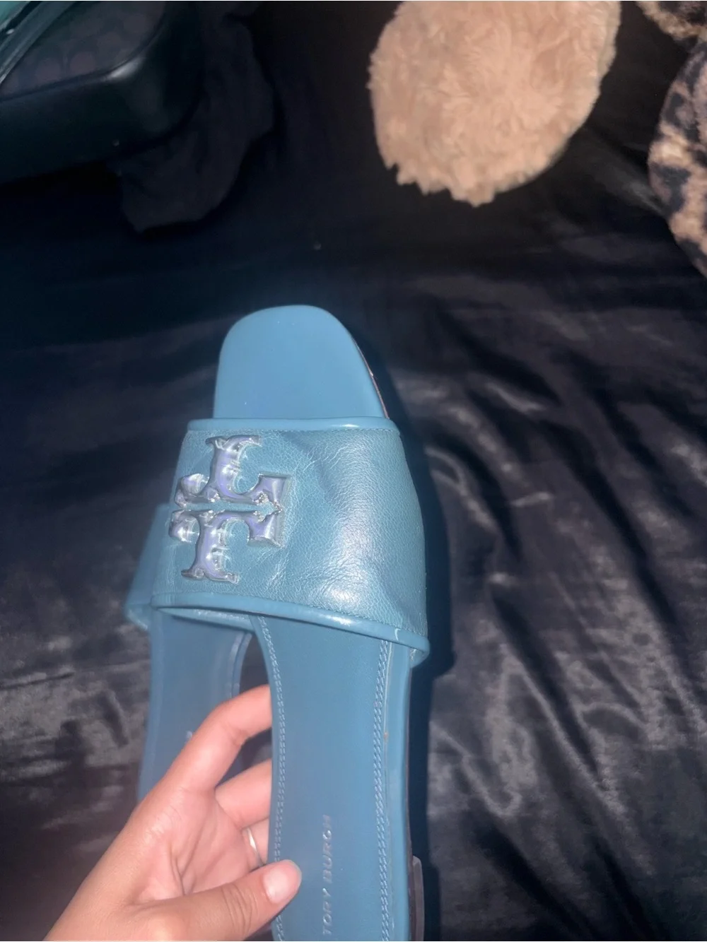 Tory Burch Teal Slide Sandals with Gold Logo Hardware
